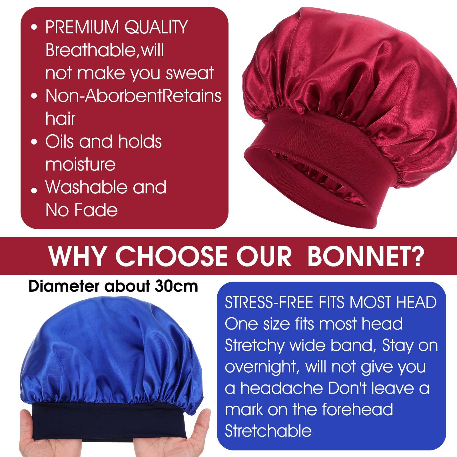 WLLHYF satin bonnet closeup shows stretchy elastic band for comfortable fit.