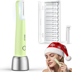 WLU Dermaplane Razor Green with LED light focuses on peach fuzz removal for smoother makeup prep.
