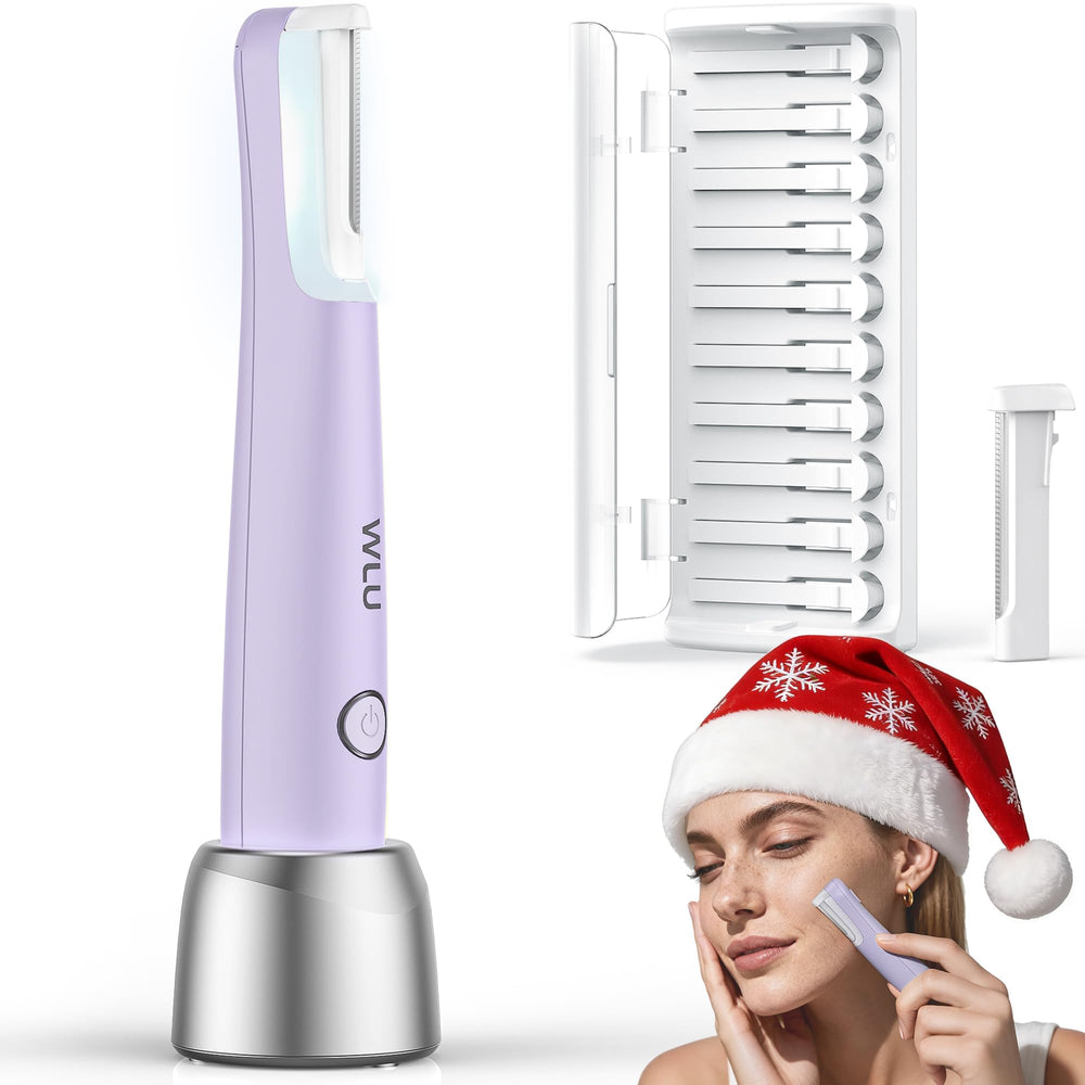 WLU Dermaplane Razor purple-front view shows peach fuzz removal for a smoother base