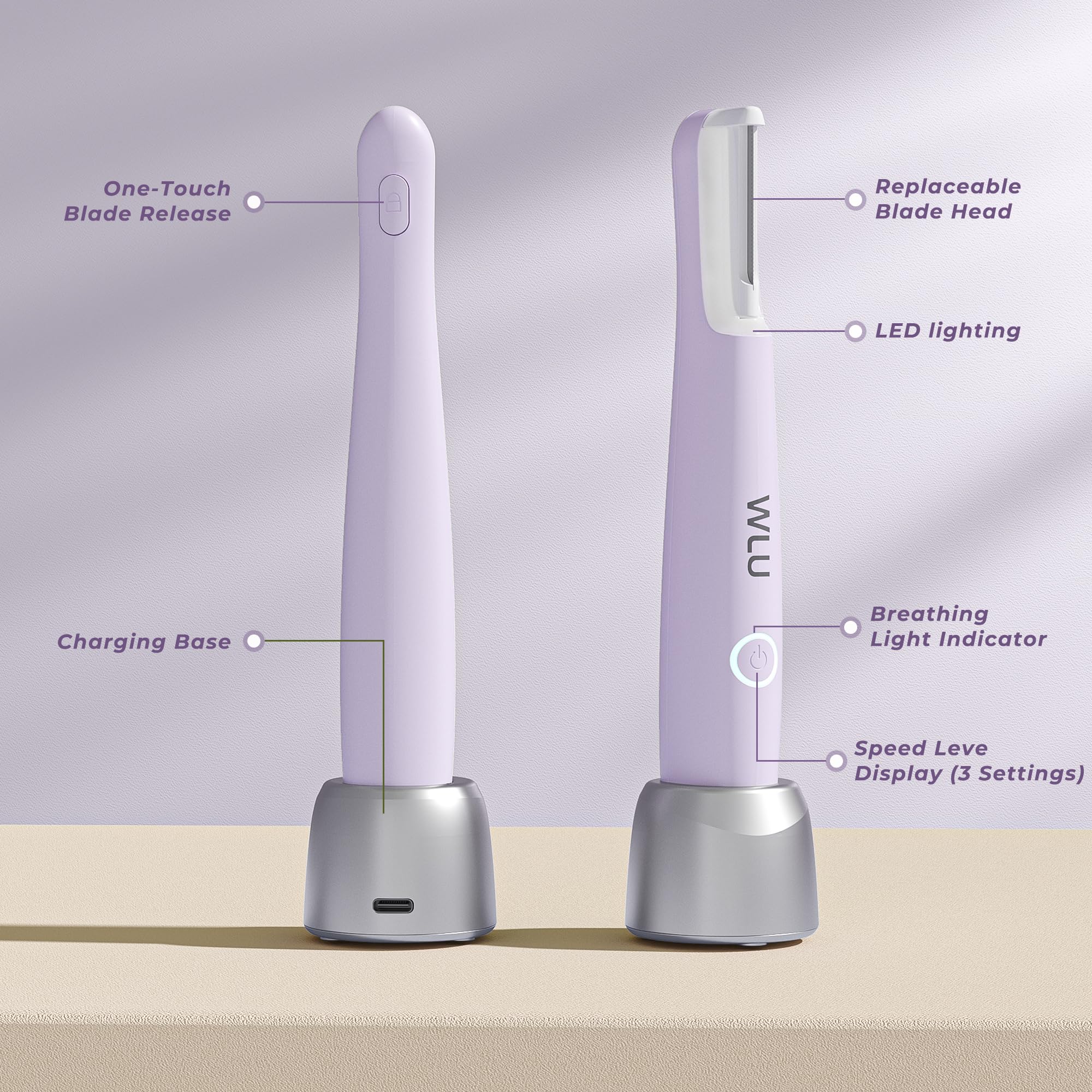 WLU Dermaplane Razor purple-usb-rechargeable portable design for travel-ready skin prep