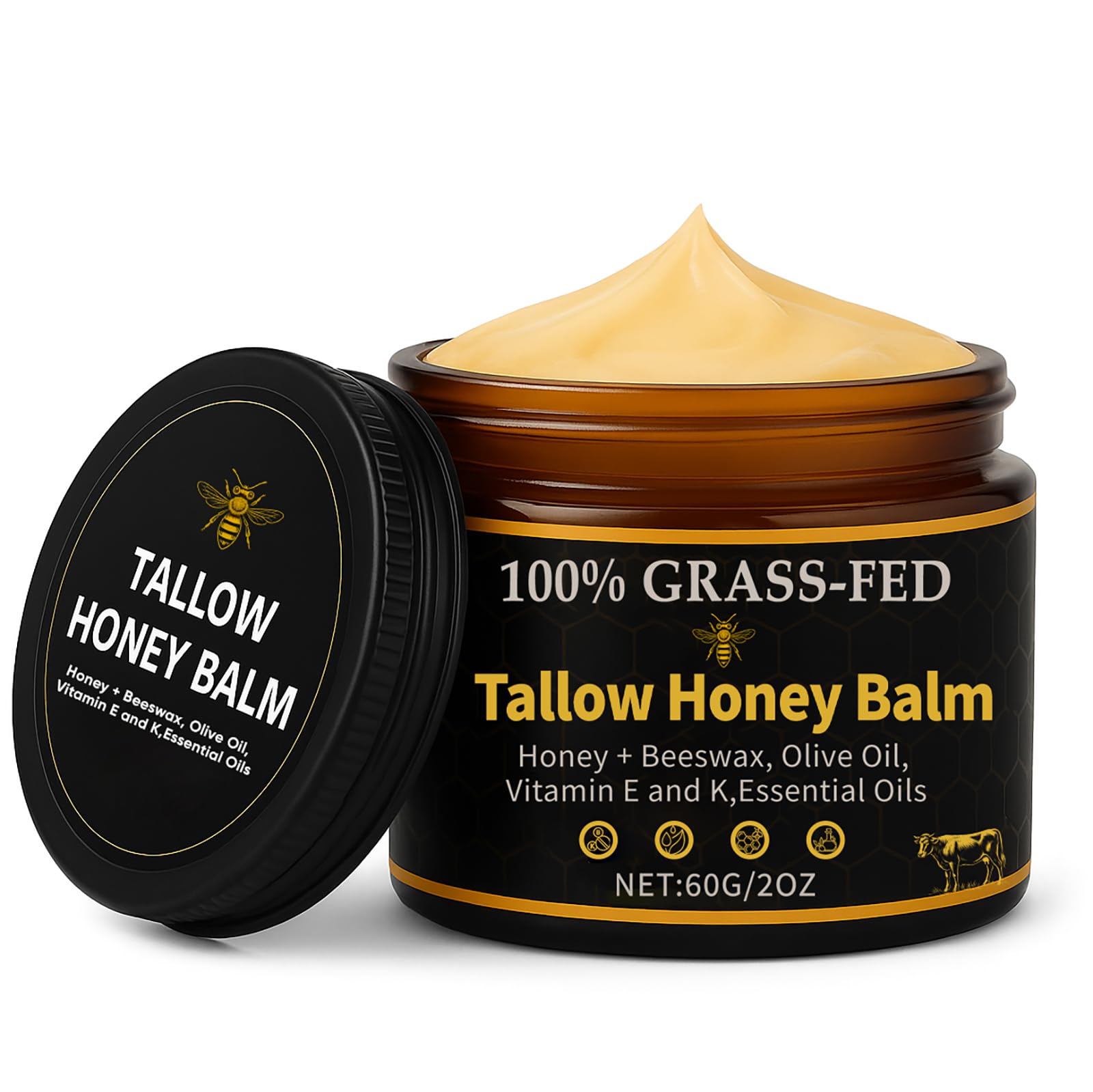 WNOHIQ Noluria Beef Tallow jar closeup shows rich texture for nourishing dry skin.