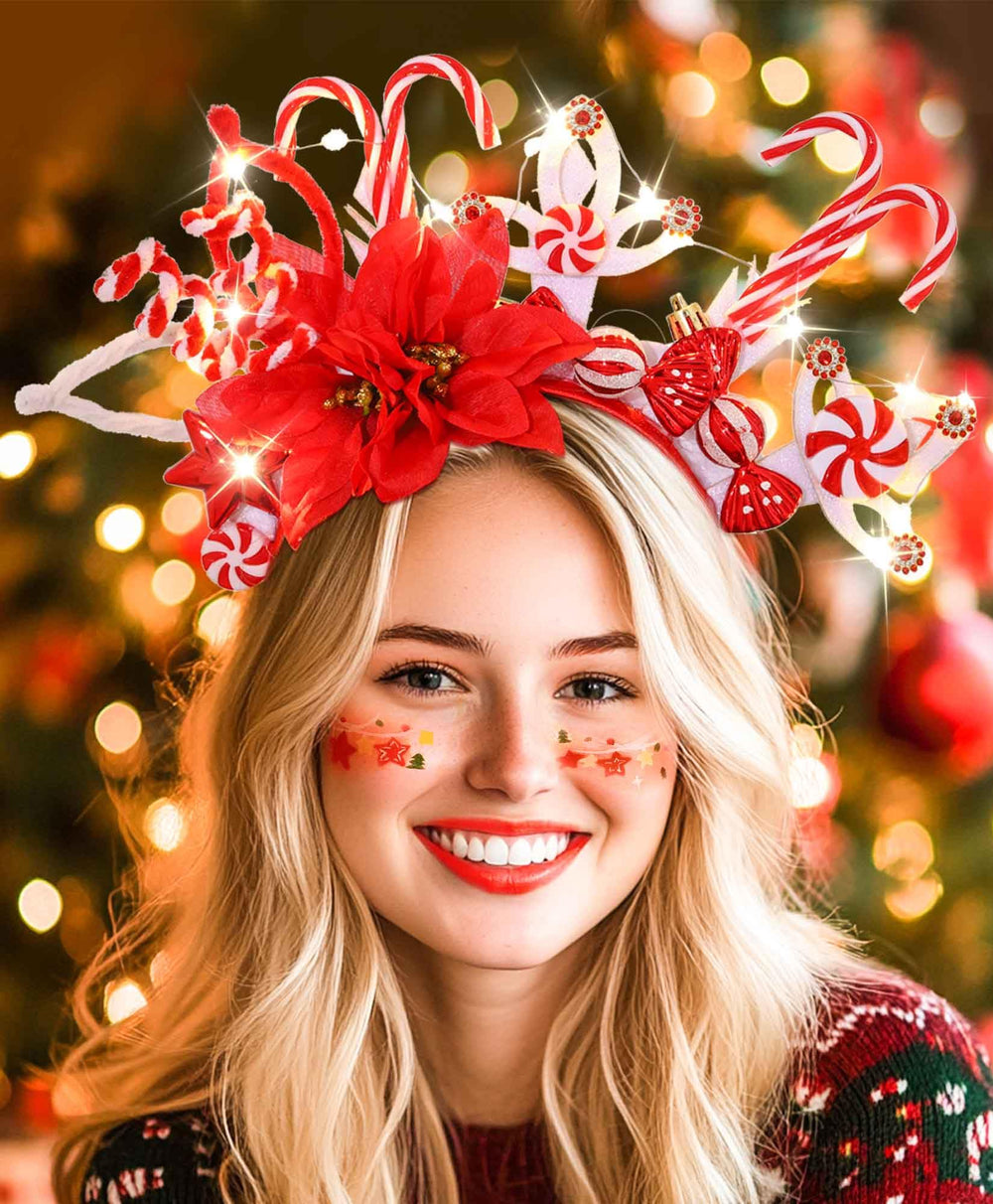 Woeoe candy canes hair hoop side shot showing cheerful party decoration.
