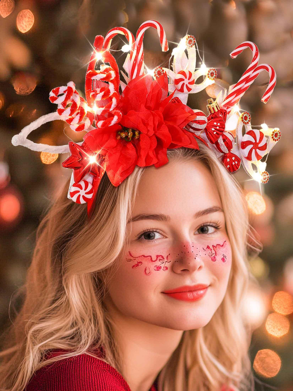 Woeoe light-up headpiece at holiday party, versatile with different hairstyles.