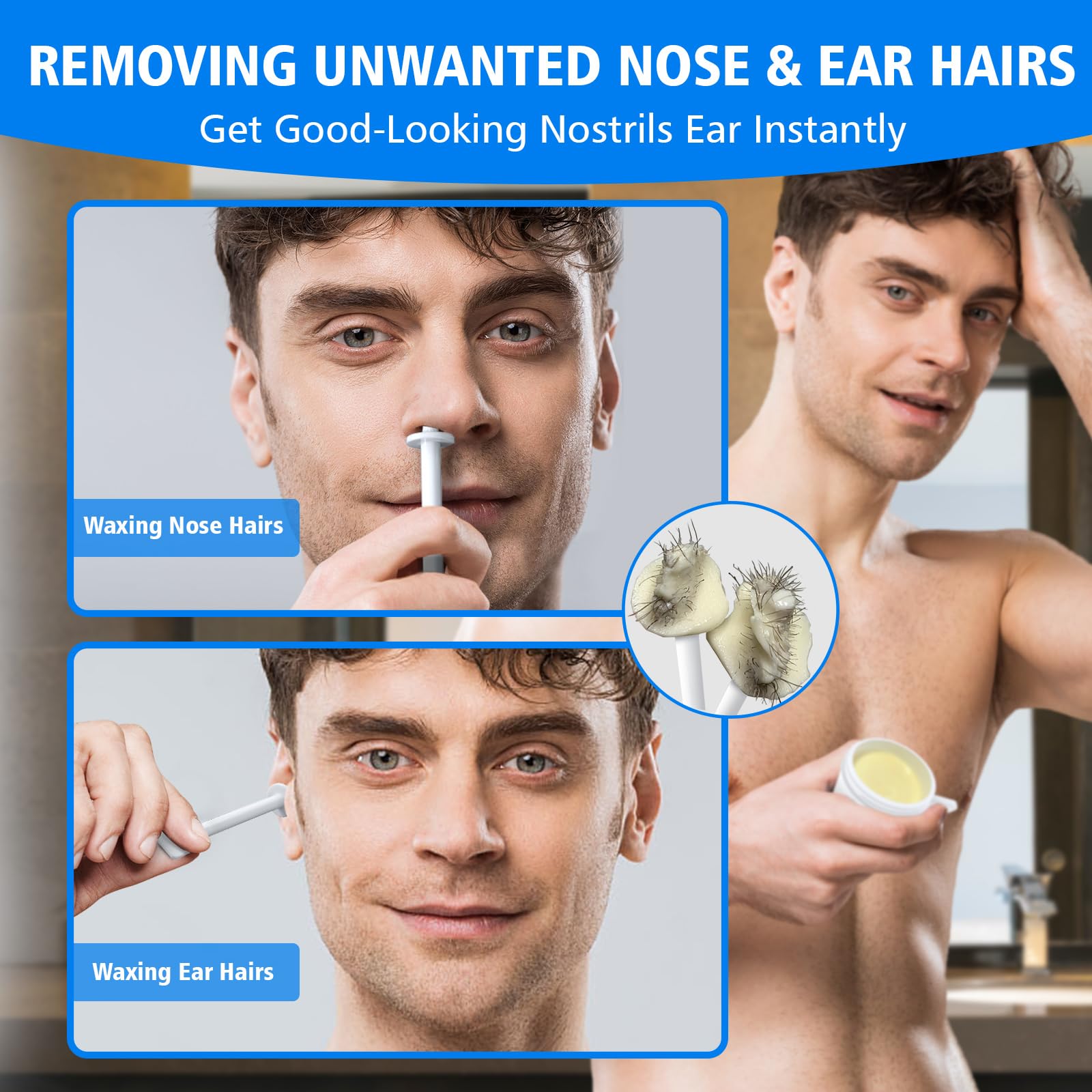 Wokaar Nose Wax Kit applicators showing precision removal for nose and ears.
