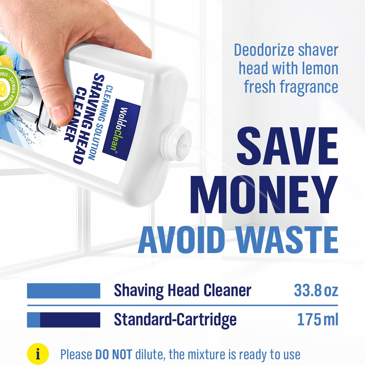 WoldoClean lemon scent bottle label emphasizes fresh fragrance after each cleaning cycle.