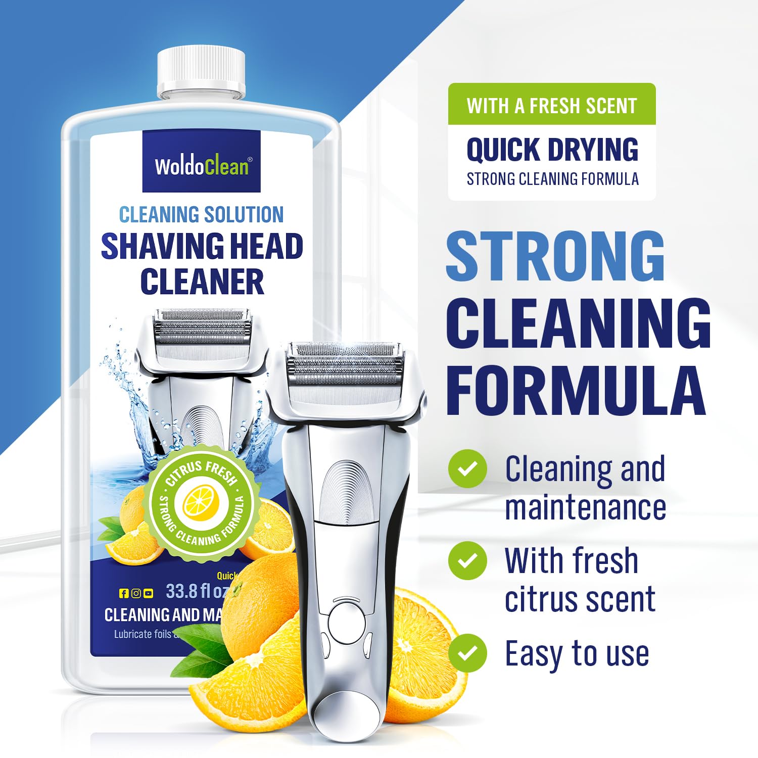 WoldoClean shaver cleaner bottle closeup highlights the 33.8 oz bottle for multiple uses.