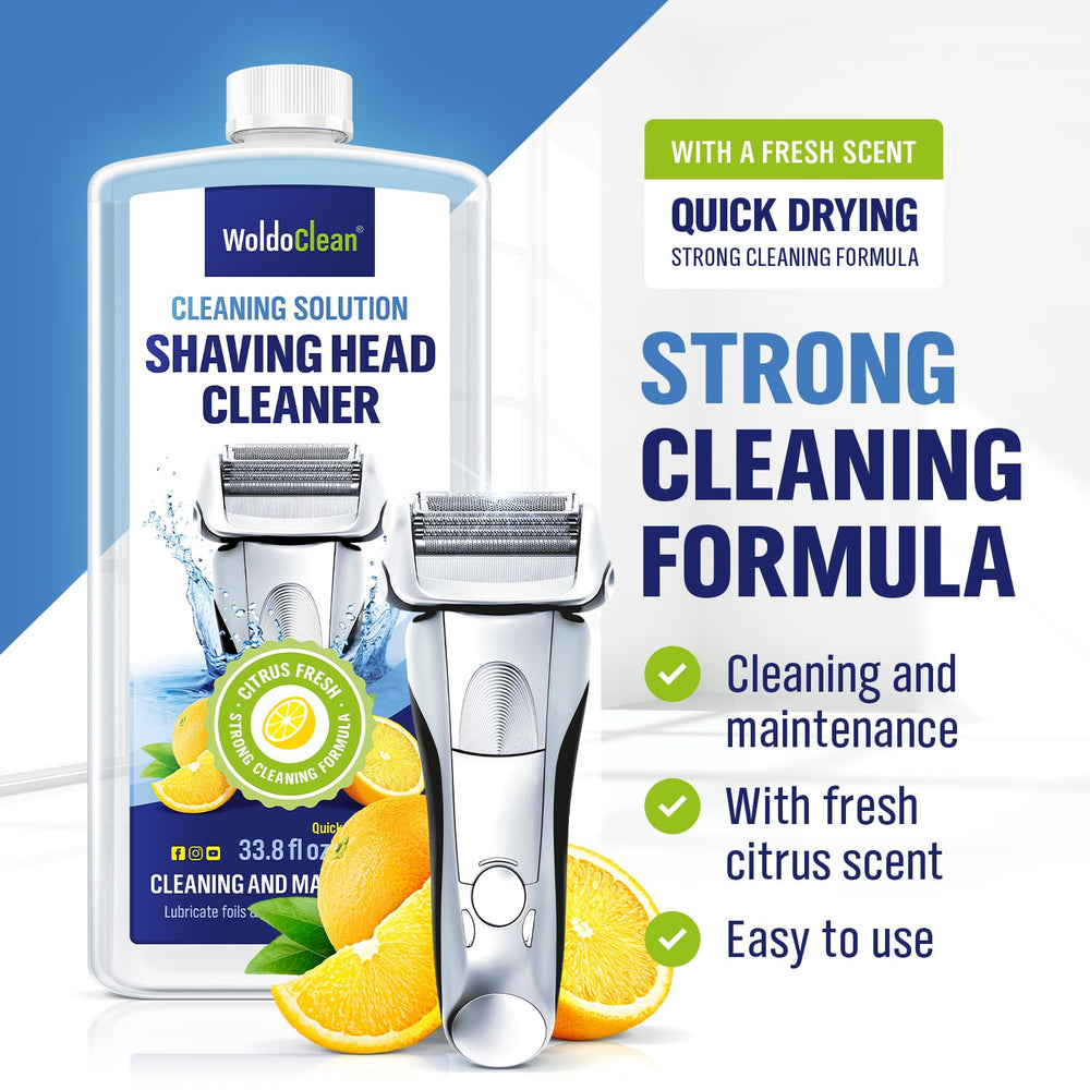 WoldoClean shaver cleaner bottle closeup highlights the 33.8 oz bottle for multiple uses.