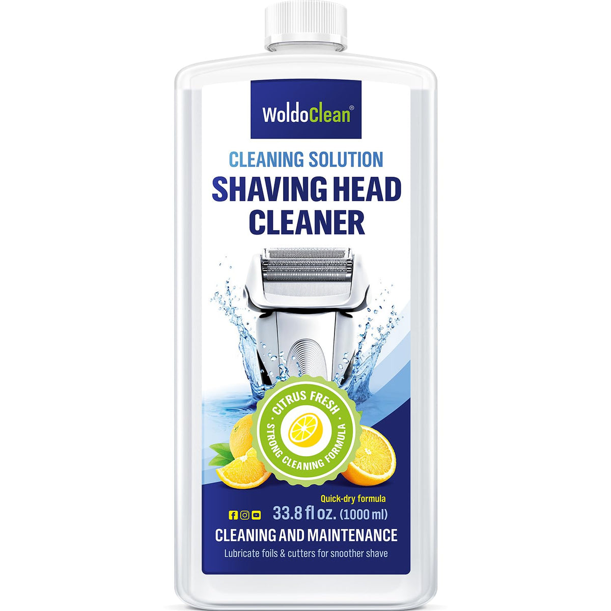 WoldoClean shaver cleaner bottle pour demonstrates easy, lemon-scent application for a clean shave routine.