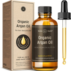 WoldoHealth Organic Argan Oil bottle in amber glass preserves moisture for daily use.
