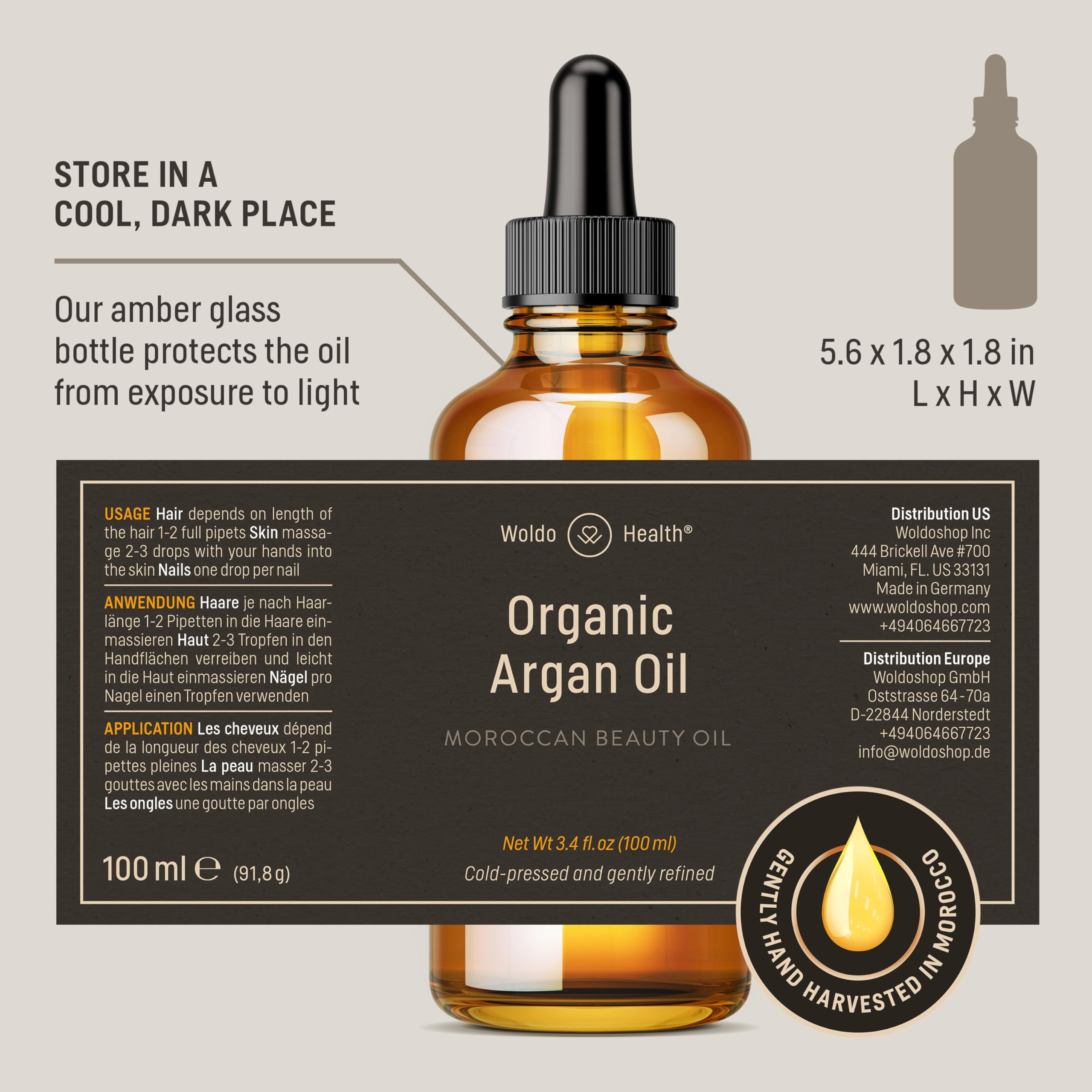 WoldoHealth Organic Argan Oil packaging signals vegan, silicone-free formulation for all-over care.
