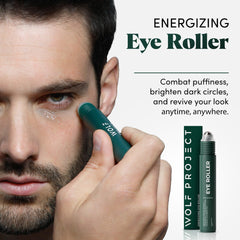 The Wolf Project Under Eye Roller bottle closeup highlighting caffeine-infused formula.