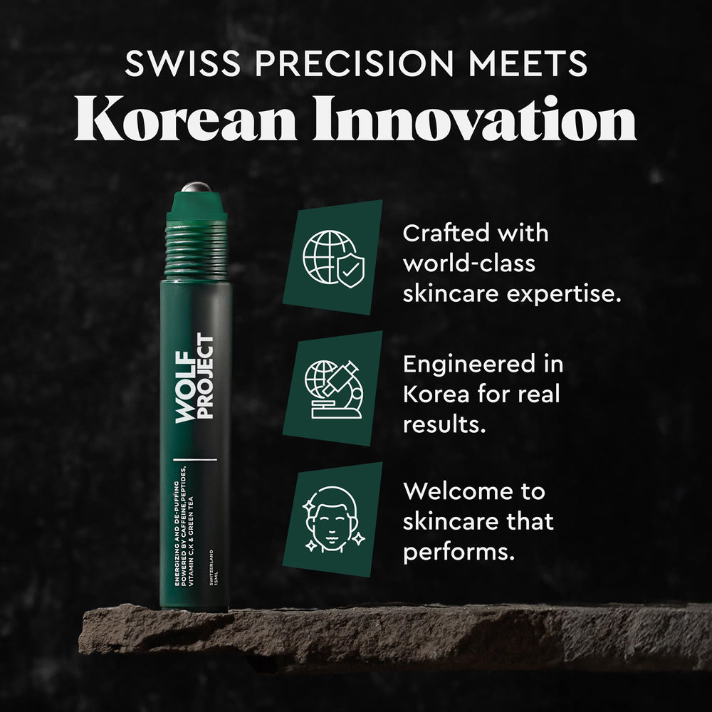 The Wolf Project Under Eye Roller packaging design shown for sleek aesthetics.