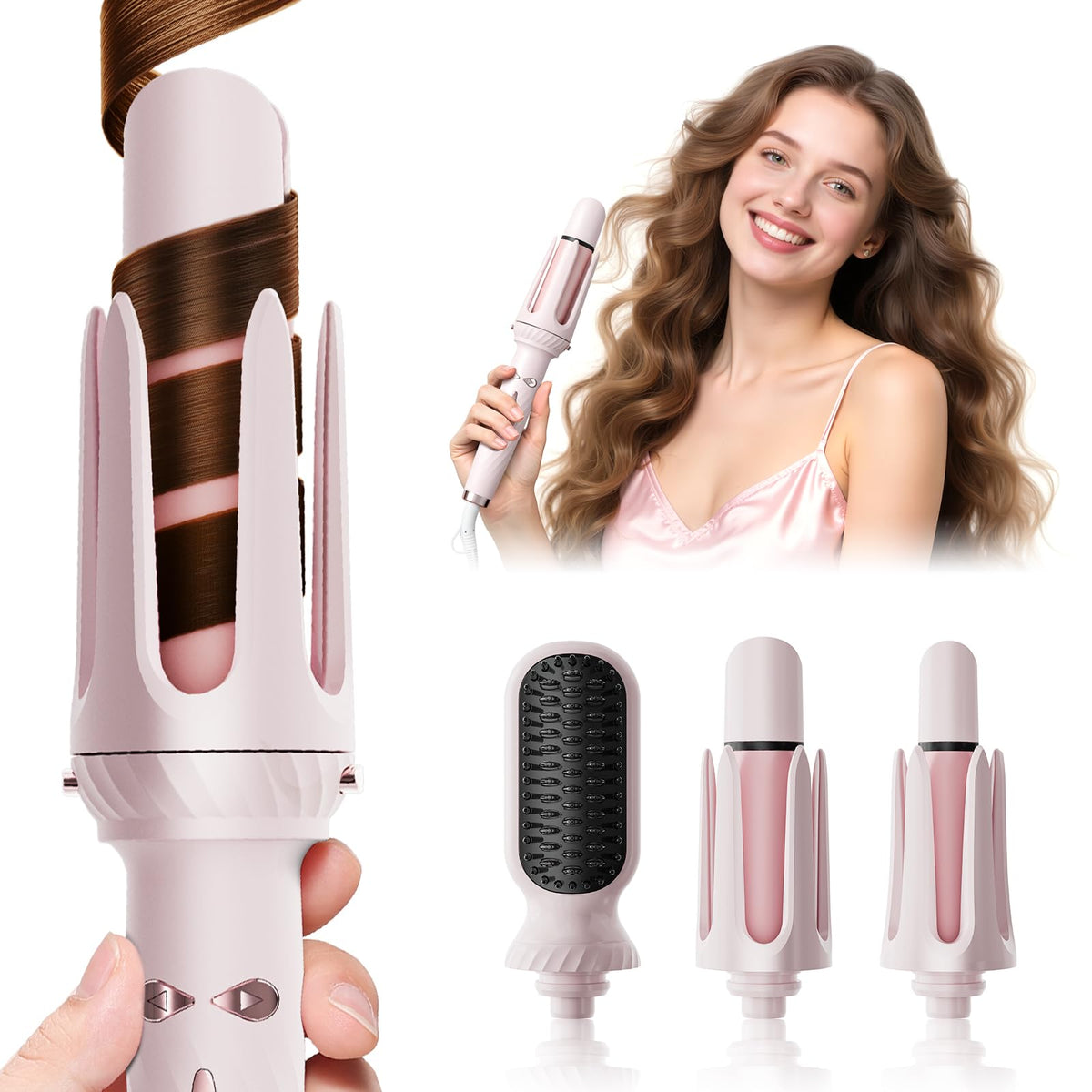 Wollea automatic curling iron pink front view for quick, versatile styling.