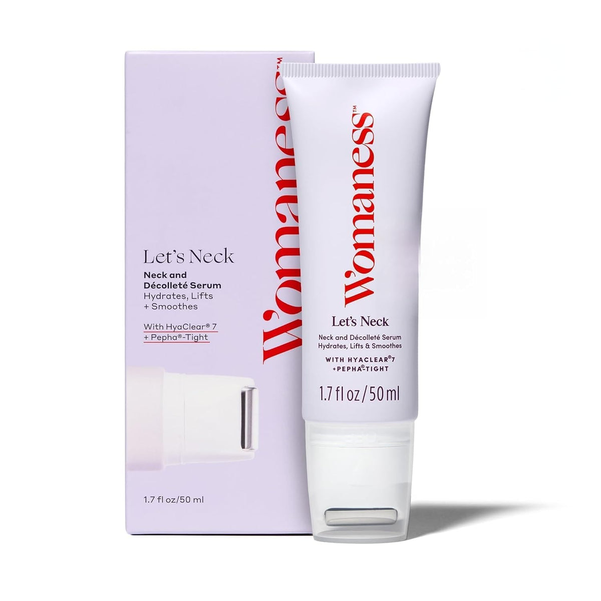 Womaness Let's Neck Firming Serum bottle closeup showing hydration and smoothing.