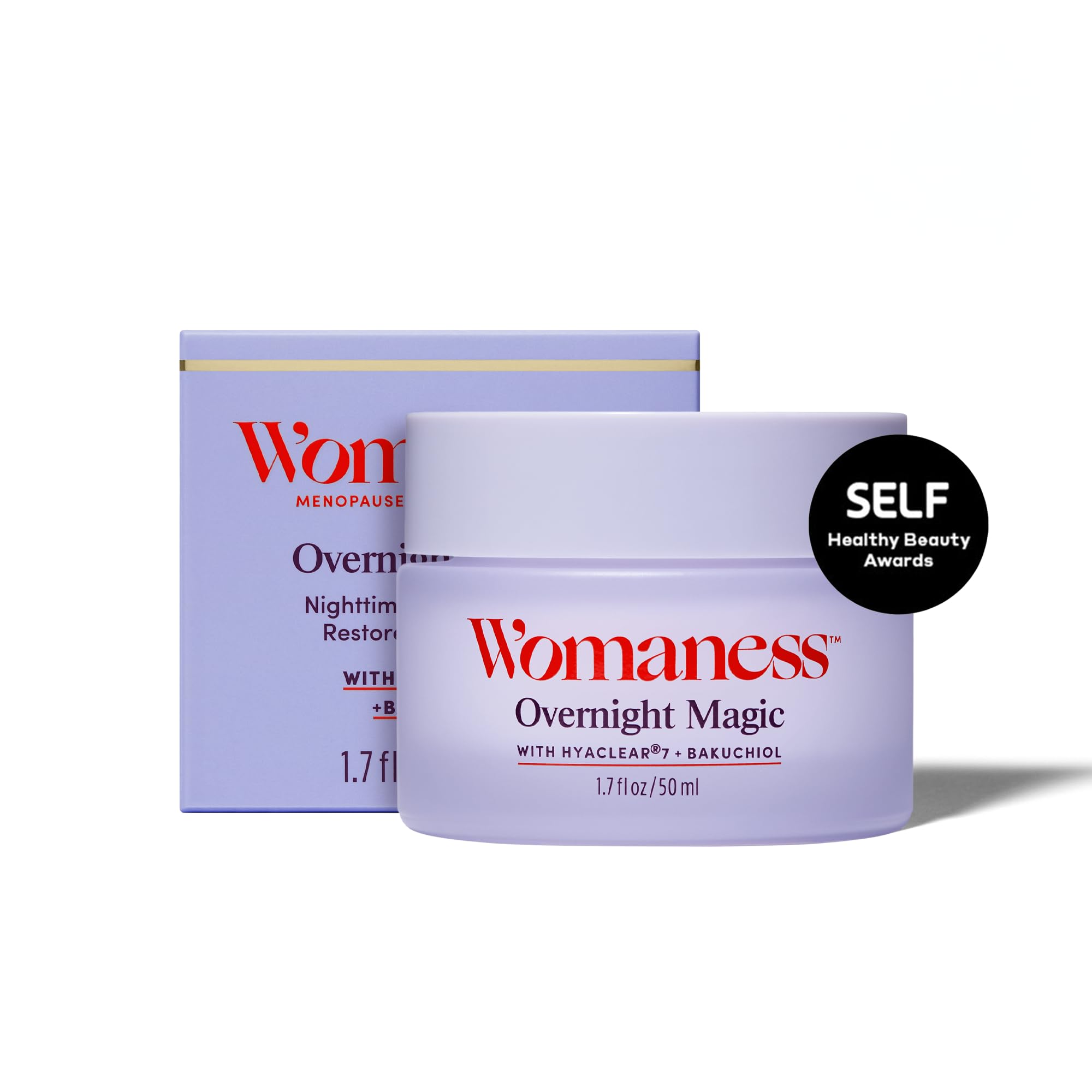 Womaness Overnight Magic night cream jar highlighting rich hydration for morning radiance