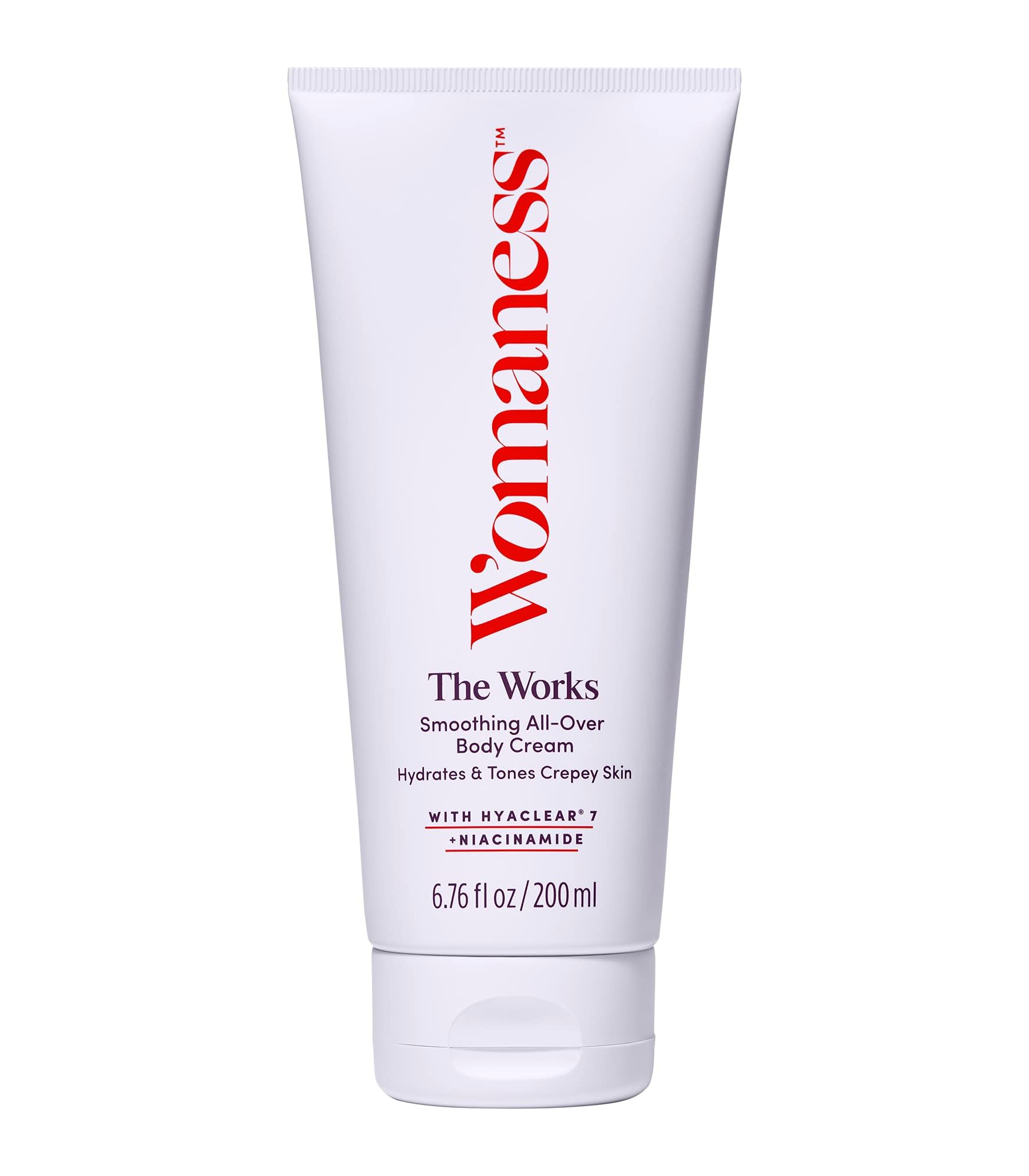 Womaness The Works body cream bottle pump delivers deep hydration with easy application.