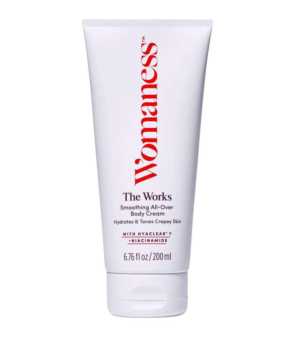 Womaness The Works body cream bottle pump delivers deep hydration with easy application.