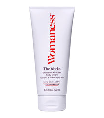 Womaness The Works body cream bottle pump delivers deep hydration with easy application.