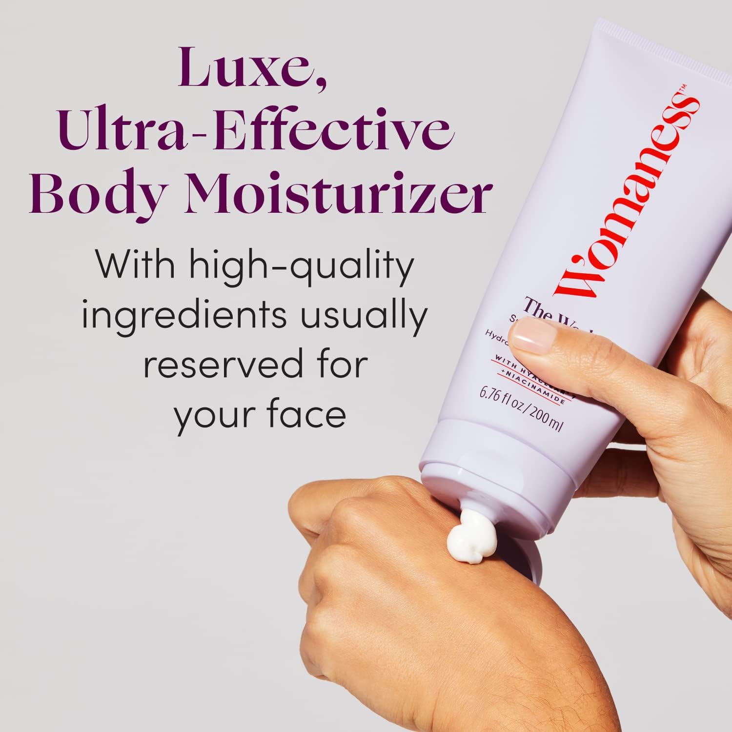 Womaness The Works HyaClear-7 application close-up highlights moisture boost for plumper skin.