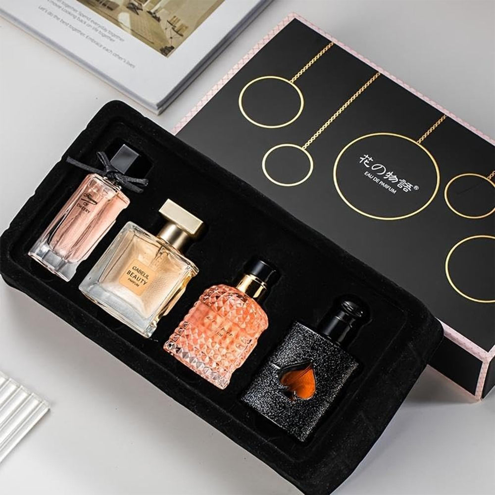 Womens-perfume-set box closeup with elegant gold accents ideal for gifting.