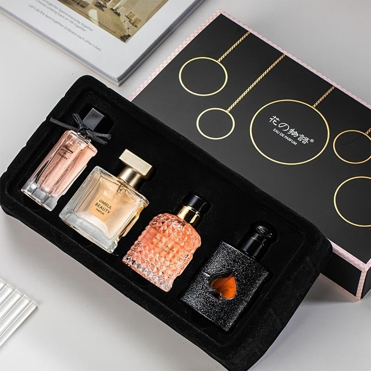 Womens-perfume-set box closeup with elegant gold accents ideal for gifting.
