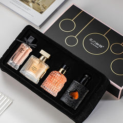 Womens-perfume-set box closeup with elegant gold accents ideal for gifting.