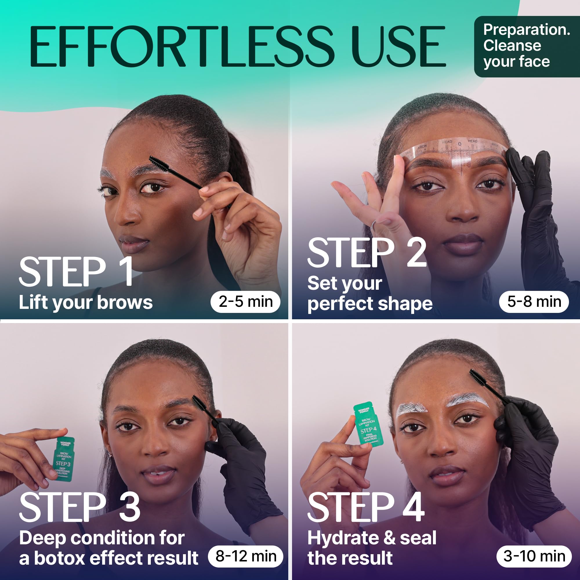 Wonder Family brow lamination kit fixation solution securely sets arches.