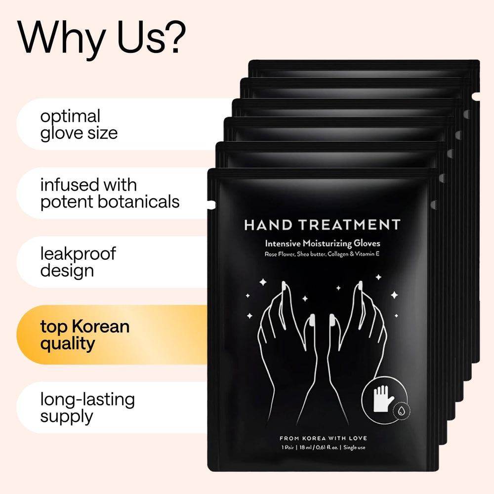 Gloves absorbing serum on hands, illustrating softening and hydration.