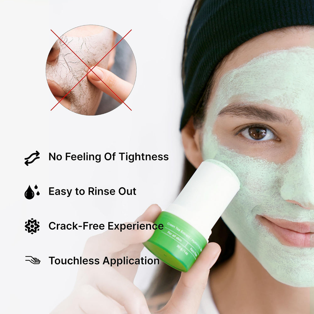 WONDER FAMILY Green Tea Mask Stick application demonstrates on-face use for quick cleanse and hydration