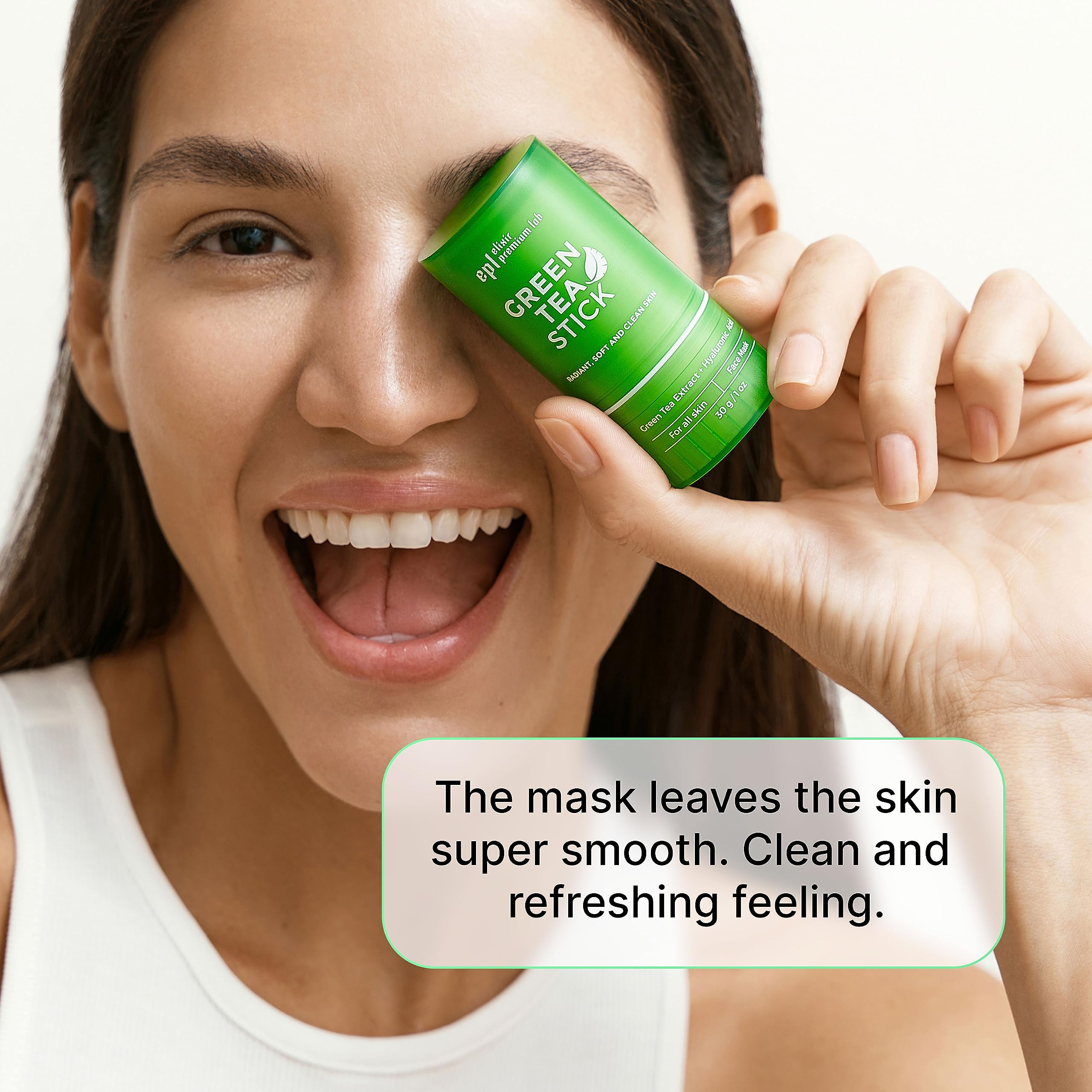 WONDER FAMILY Green Tea Mask Stick in-use image communicates a quick, refreshing skincare moment