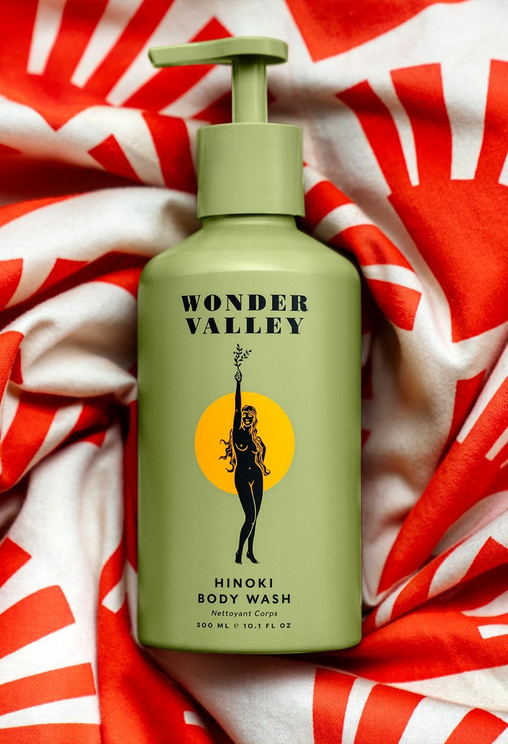 Wonder Valley Hinoki Body Wash packaging highlights vegan and cruelty-free ingredients.