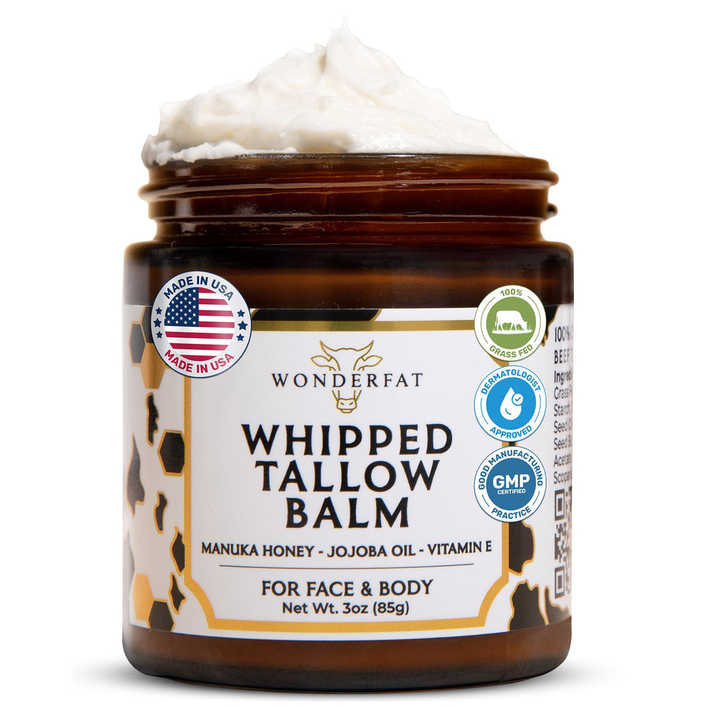 Wonderfat grass-fed whipped tallow balm jar closeup highlighting rich hydration for dry skin.