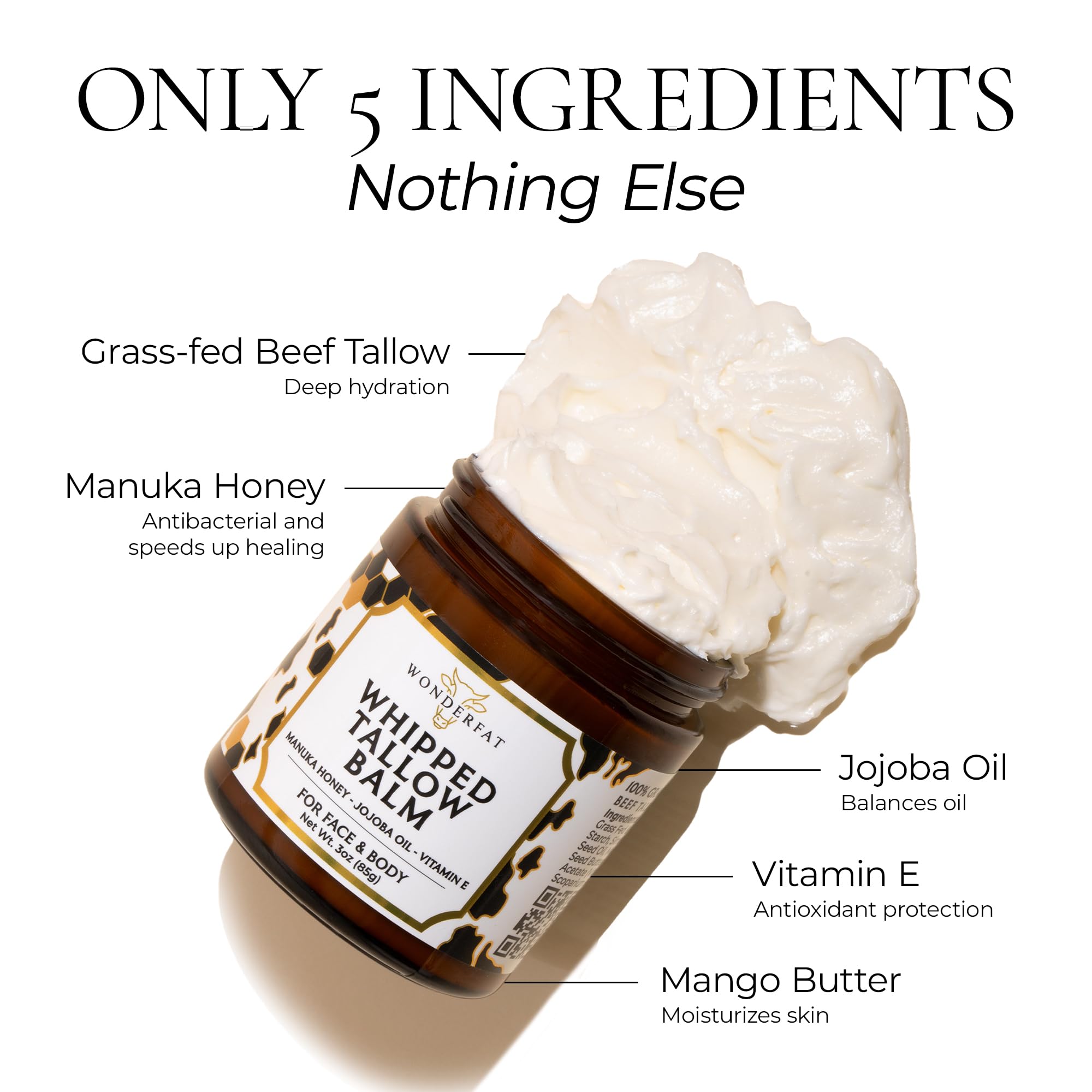 Wonderfat grass-fed whipped tallow balm texture shows satin finish for fast absorption.