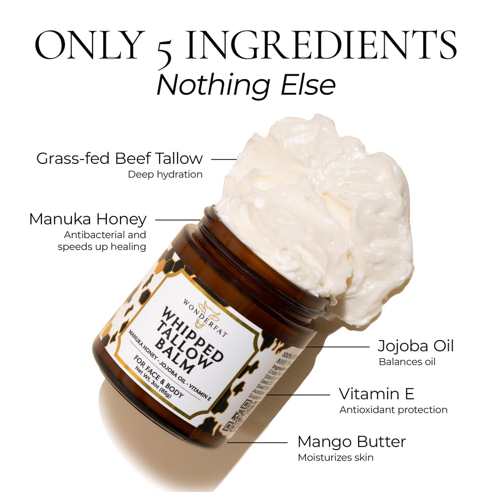 Wonderfat grass-fed whipped tallow balm texture shows satin finish for fast absorption.