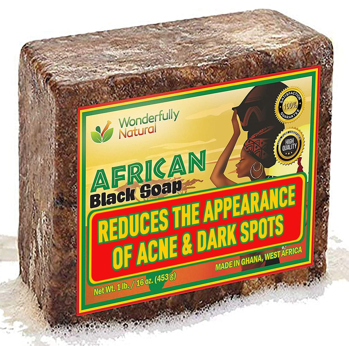 Wonderfully Natural African Black Soap bar packaging showcases ethical Ghanaian craft for skincare.