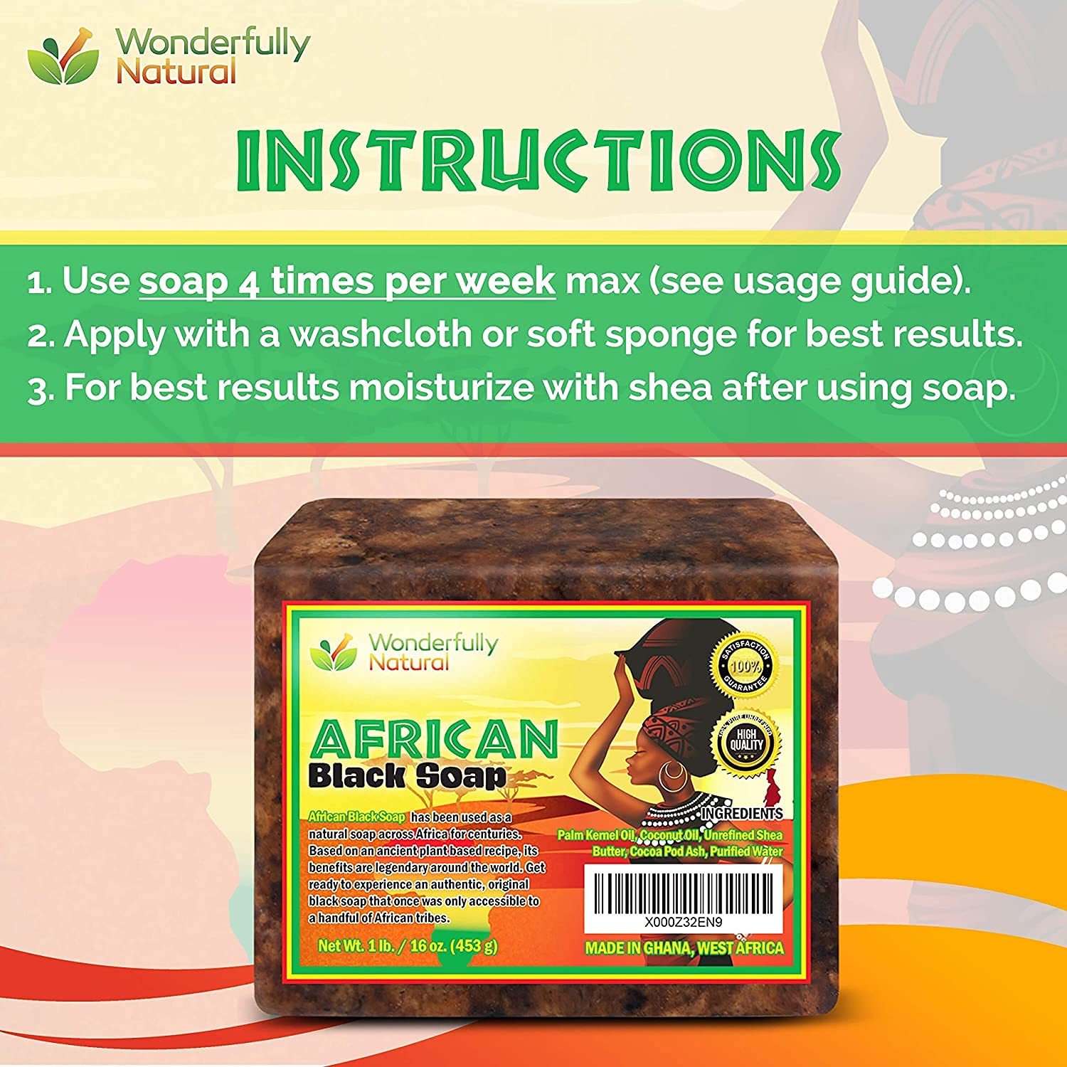 Wonderfully Natural African Black Soap for body use offers versatile cleansing and refreshing feel.