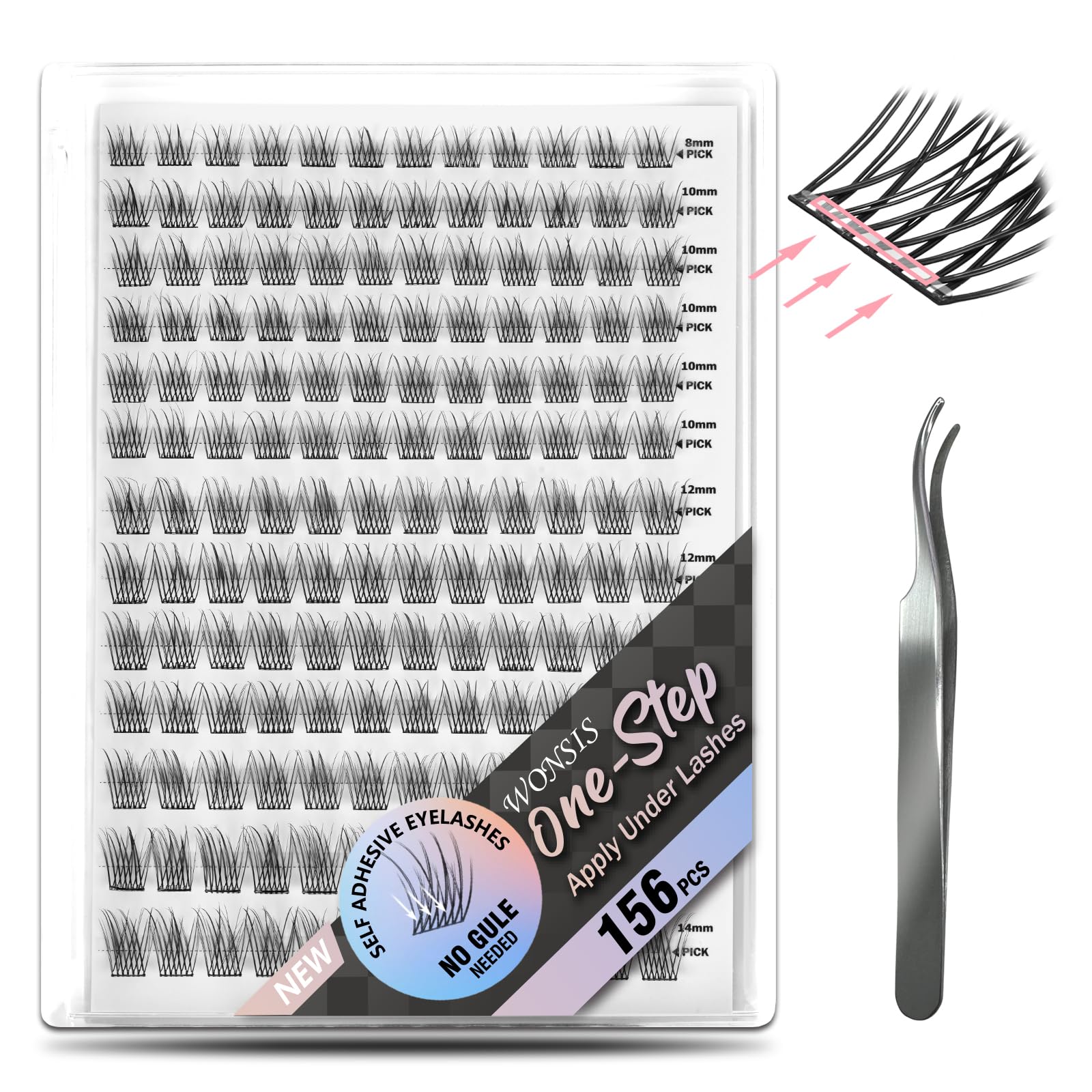 WONSIS self adhesive eyelashes closeup, 156 clusters for effortless daily glamour.