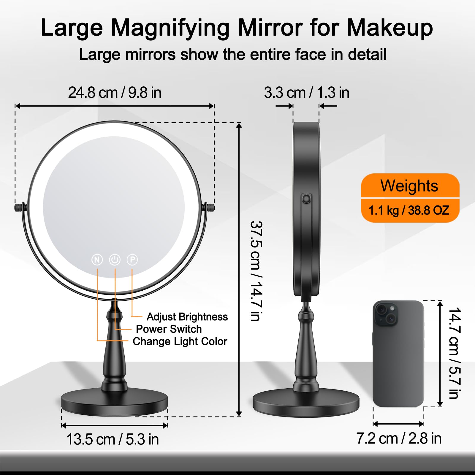 WOOCICA makeup mirror 20x magnifying side enables precise brows.