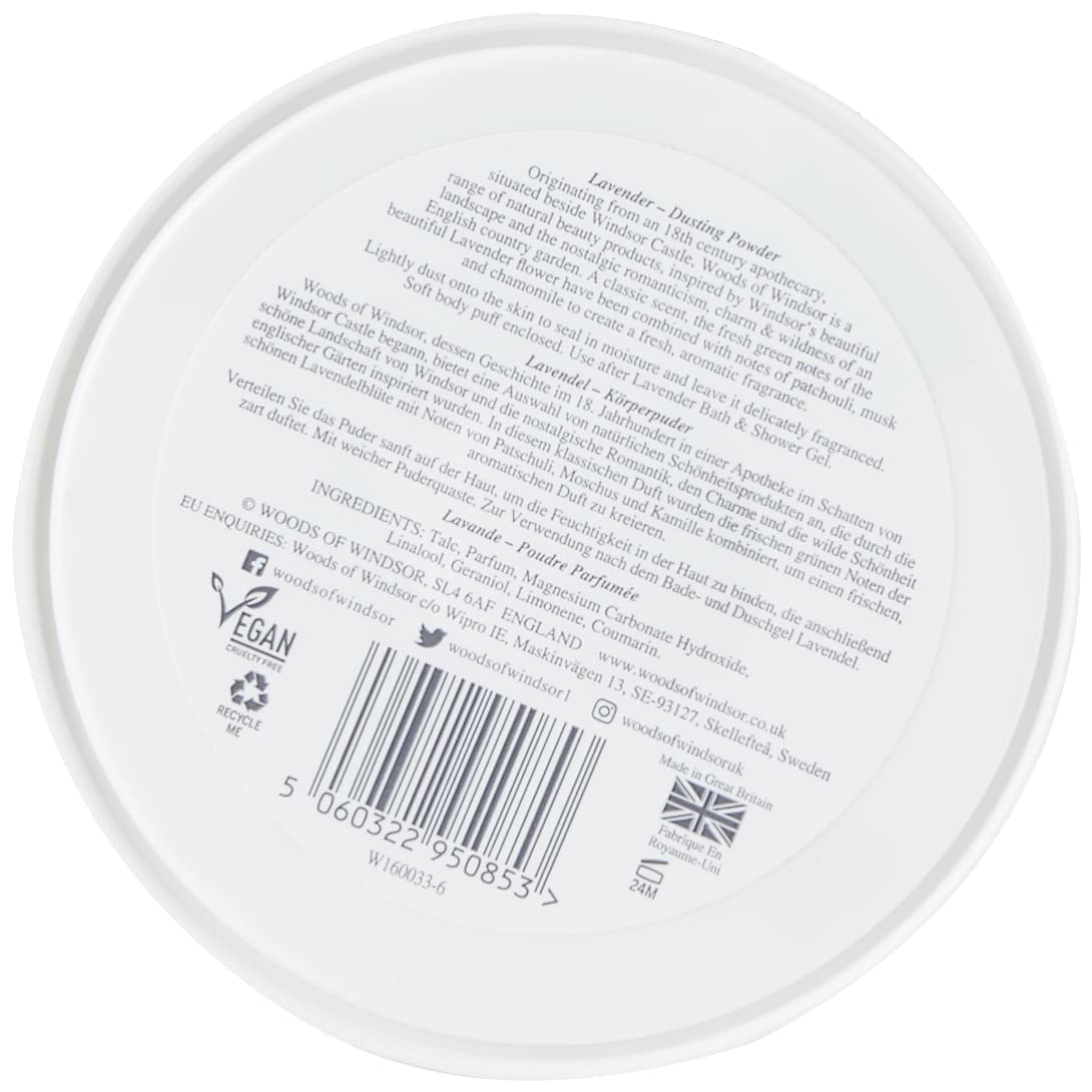 Gift-packaging shot for Woods of Windsor lavender body powder.