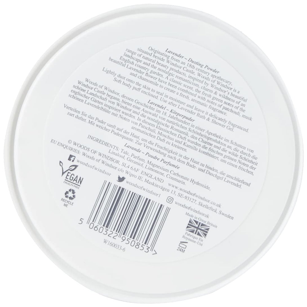 Gift-packaging shot for Woods of Windsor lavender body powder.