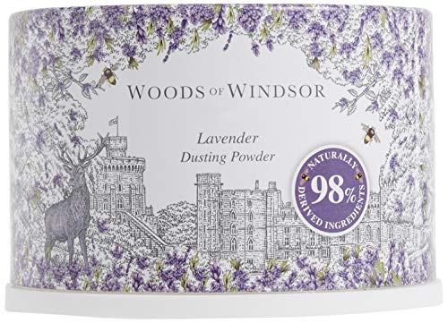 Woods of Windsor lavender dusting powder jar highlights moisture absorption and freshness.