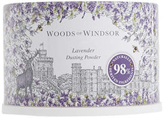 Woods of Windsor lavender dusting powder jar highlights moisture absorption and freshness.
