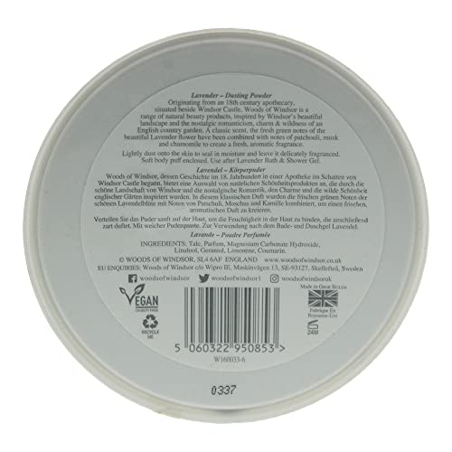 Puff-application close-up from Woods of Windsor lavender powder for easy dusting.