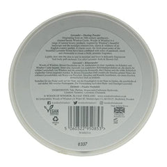 Puff-application close-up from Woods of Windsor lavender powder for easy dusting.
