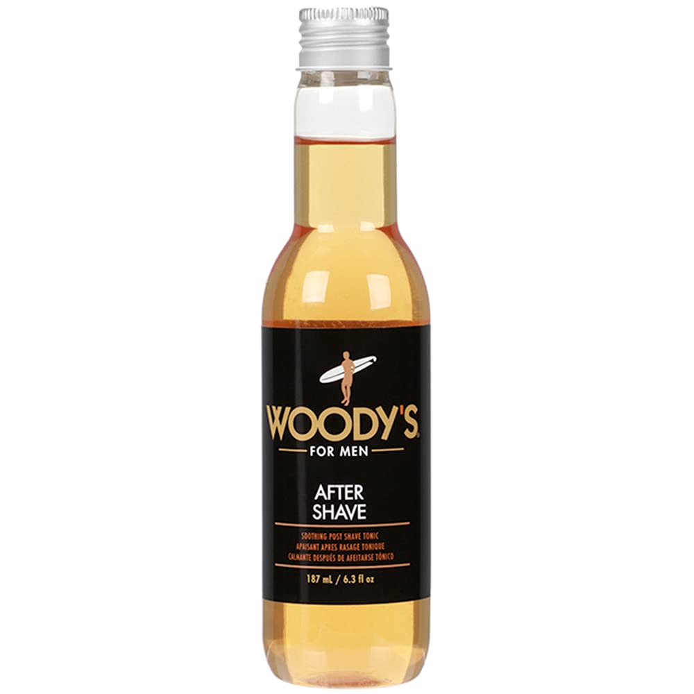 Woody's Aftershave tonic bottle front for post-shave refresh and cooling feel.