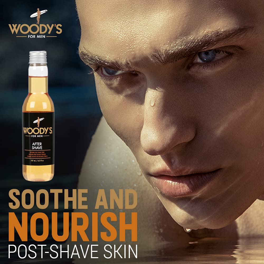 Woody's Aftershave tonic ingredients closeup highlights aloe, calendula, chamomile for soothing skin.