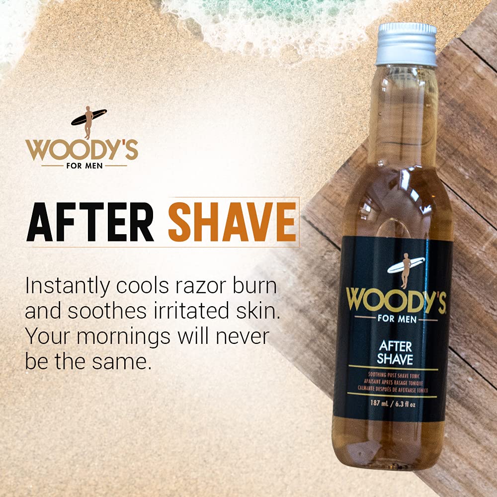Woody's Aftershave tonic pour action shows quick, soothing application.