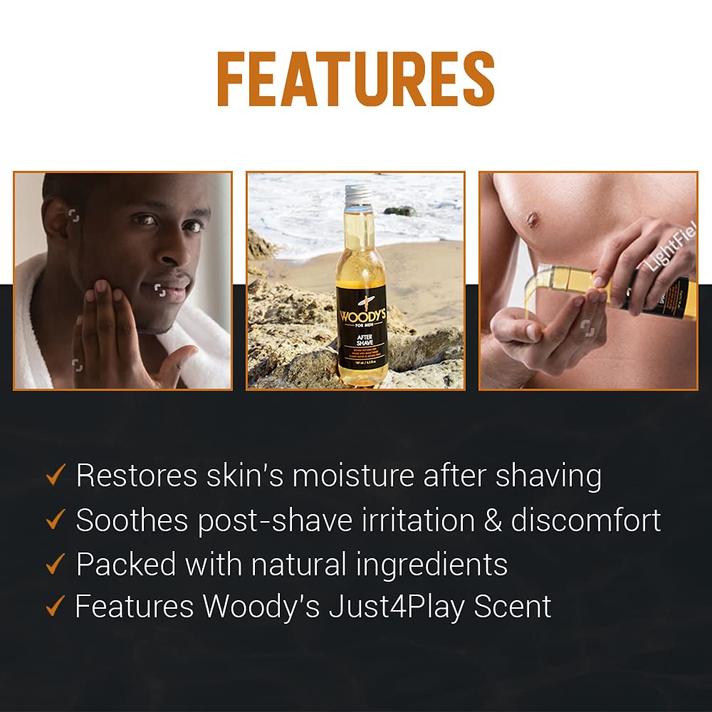 Woody's Aftershave tonic skin-refresh shot demonstrates non-greasy hydration.