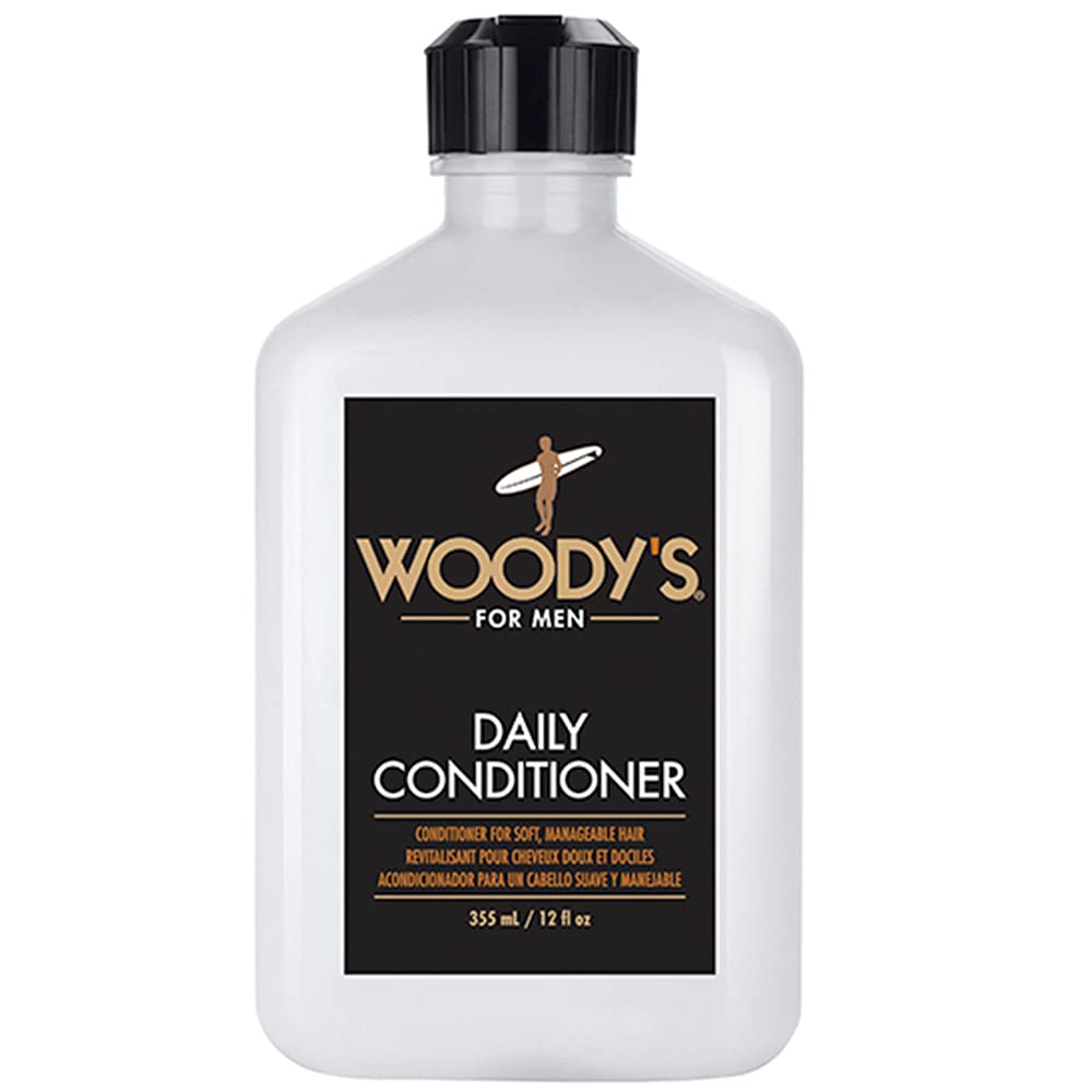Woody's Daily Hair Conditioner bottle highlights hydrating formula for healthier-looking hair.