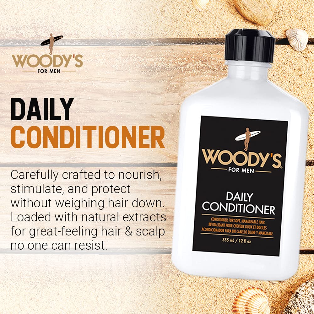 Woody's Daily Hair Conditioner packaging showcases paraben-free, everyday-use benefits.
